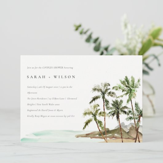Invitation Rustique Tropical Palm Trees Beach Couples Douche (Debout devant)