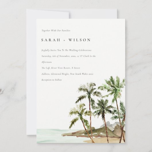 Invitation Rustique Tropical Palm Trees Beach Sand Mariage (Devant)