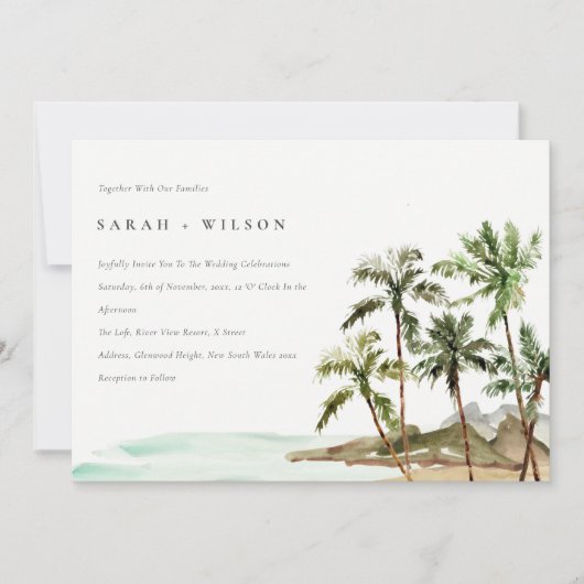 Invitation Rustique Tropical Palm Trees Beach Sand Mariage (Devant)