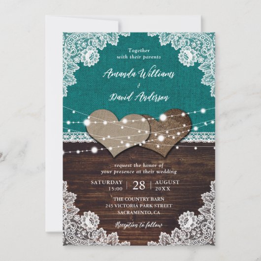 Invitation Rustique Turquoise Burlap dentelle lumière Mariage (Devant)