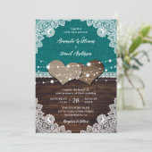 Invitation Rustique Turquoise Burlap dentelle lumière Mariage (Debout devant)