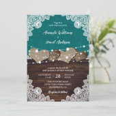 Invitation Rustique Turquoise Burlap dentelle lumière Mariage (Debout devant)