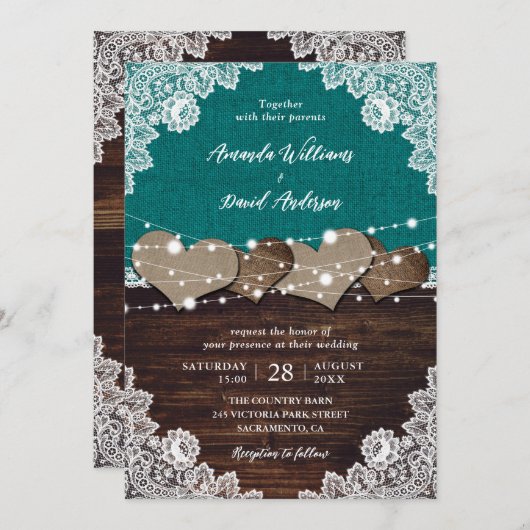 Invitation Rustique Turquoise Burlap dentelle lumière Mariage (Devant / Derrière)