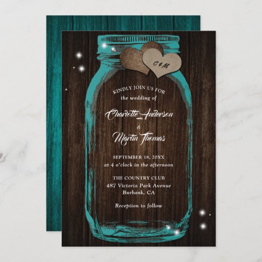 Invitation Rustique Turquoise Burlap Heart Mason Jar Mariage (Devant / Derrière)