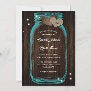 Invitation Rustique Turquoise Burlap Heart Mason Jar Mariage