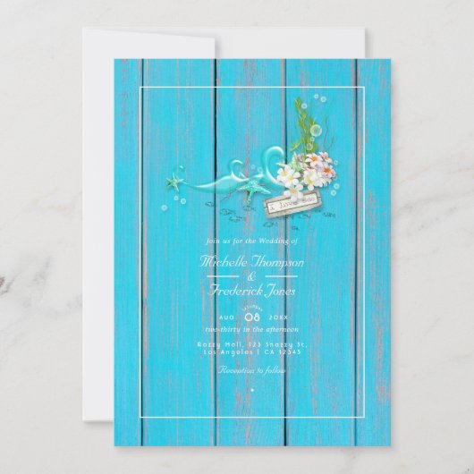 Invitation Rustique Turquoise et Coral Beach QR Code Mariage (Devant)