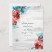 Invitation Rustique Turquoise et Coral Floral QR Code Mariage (Devant)