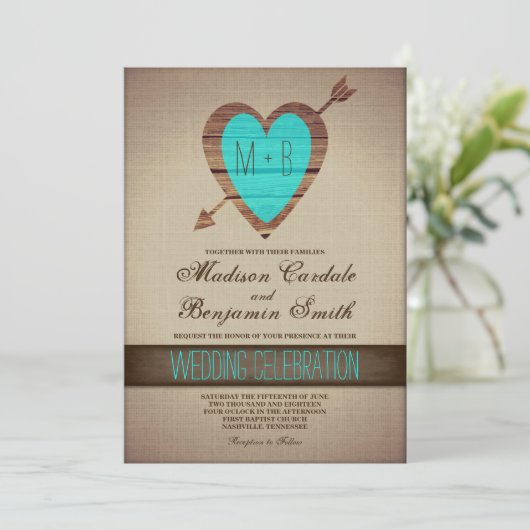 Invitation Rustique Turquoise flèche Mariage campagnard Invit (Debout devant)