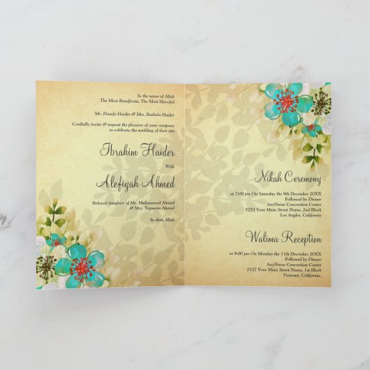 Invitation Rustique Turquoise Floral musulman musulman Mariag (Intérieur)