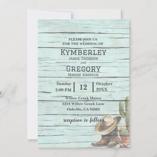 Invitation Rustique Turquoise Pays Western Boots Casquette (Devant)