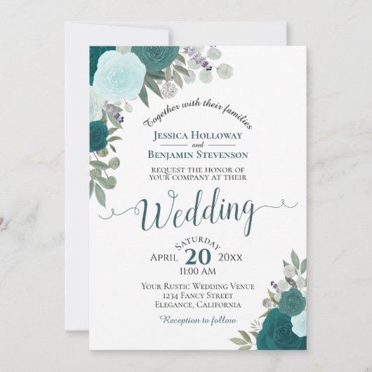 Invitation Rustique Turquoise Roses Boho Floral Mariage (Devant)