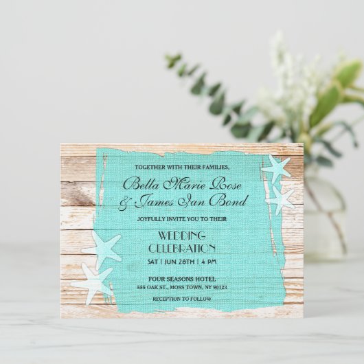 Invitation Rustique Turquoise Starfish Seashell Mariage Invit (Debout devant)