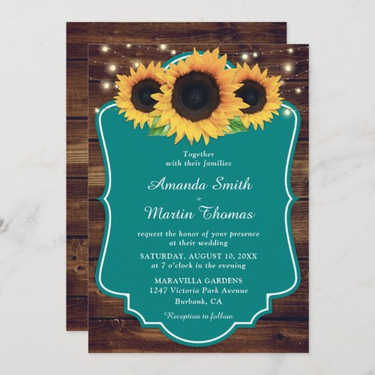 Invitation Rustique Turquoise Tournesol Mariage (Devant / Derrière)
