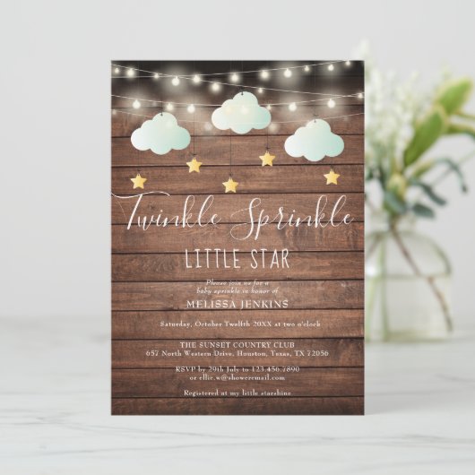 Invitation Rustique Twinkle Sprinkle Little Star Baby shower (Debout devant)