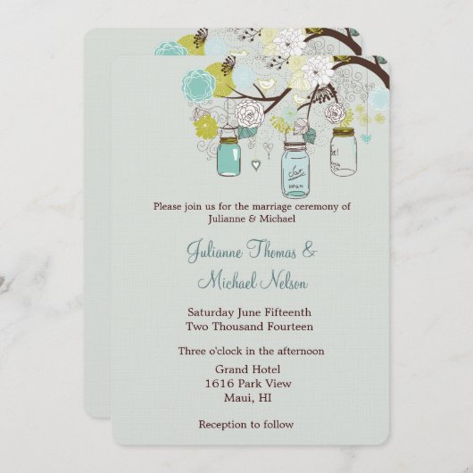 Invitation Rustique Vert Bleu Vert Mason Jarres Mariage (Devant / Derrière)