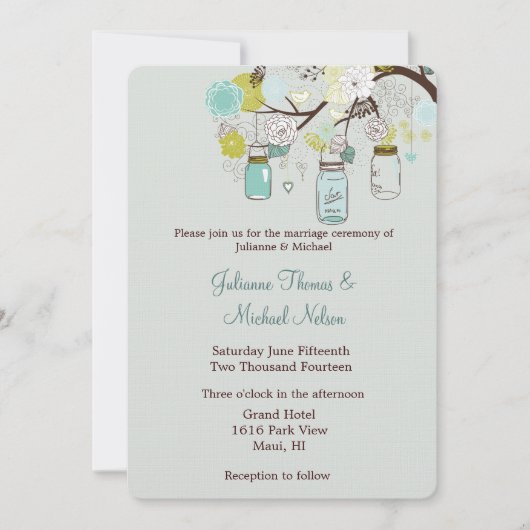 Invitation Rustique Vert Bleu Vert Mason Jarres Mariage (Devant)