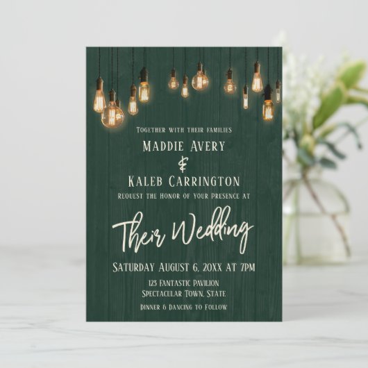 Invitation Rustique Vert Bois Edison Lumières Typographie Mar (Debout devant)