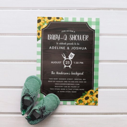 Invitation Rustique Vert En vichy Tournesol Baby-Q Douche