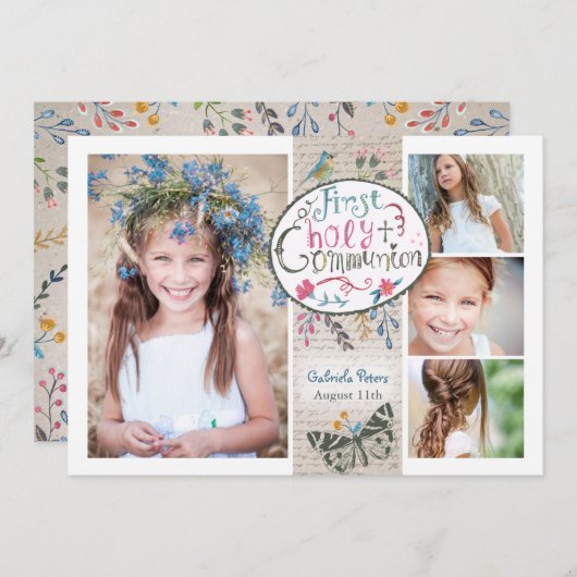 Invitation Rustique Vintage Beige Première Communion sainte f (Devant / Derrière)