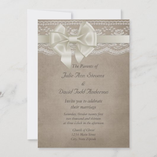 Invitation Rustique Vintage Burlap & Lace Mariage (Devant)