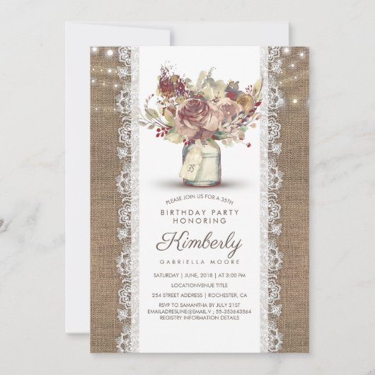 Invitation Rustique Vintage Mason Jar Burlap Dentelle Anniver (Devant)