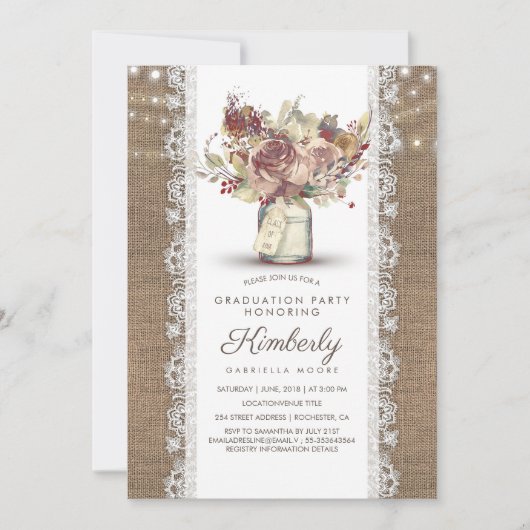 Invitation Rustique Vintage Mason Jar Burlap Dentelle Graduat (Devant)