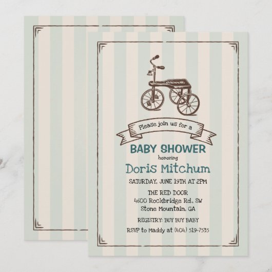 Invitation Rustique Vintage Tricycle Baby shower garçon Invit (Devant / Derrière)