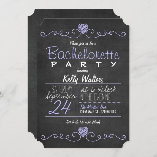 Invitation Rustique violet, Bachelorette en tableau blanc (Devant / Derrière)
