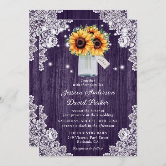 Invitation Rustique Violet Dentelle de bois Tournesol Mariage (Devant / Derrière)