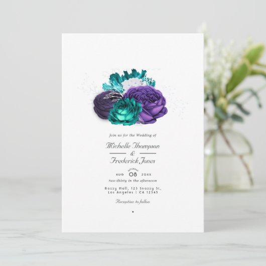 Invitation Rustique Violet et Turquoise Floral Code QR Mariag (Debout devant)