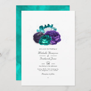 Invitation Rustique Violet et Turquoise Floral Code QR Mariag