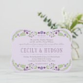 Invitation Rustique violet et vert Mariage floral (Debout devant)