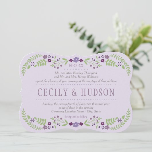 Invitation Rustique violet et vert Mariage floral (Debout devant)