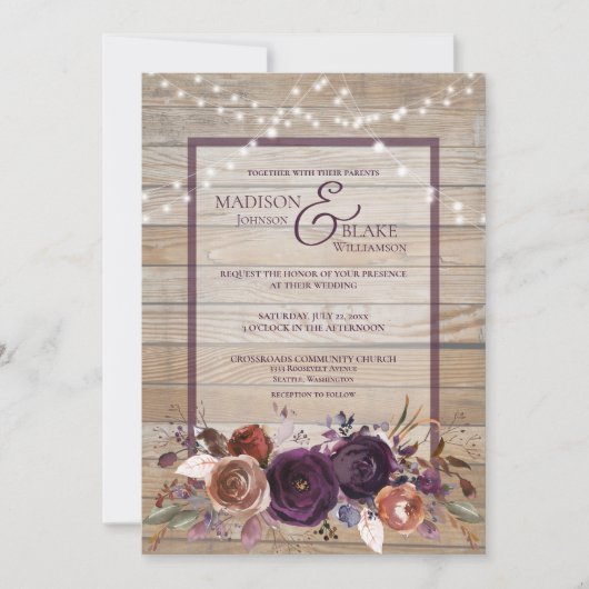 Invitation Rustique Violet Floral Bois Chaîne Mariage (Devant)