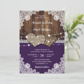 Invitation Rustique violet grange bois Burlap Mariage dentell (Debout devant)