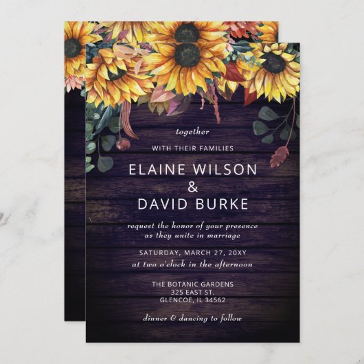 Invitation Rustique violet grange bois pays tournesol Mariage (Devant / Derrière)
