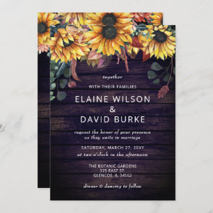 Invitation Rustique violet grange bois pays tournesol Mariage