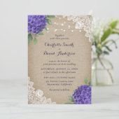 Invitation Rustique violet Hydrangea Burlap Mariage dentelle (Debout devant)