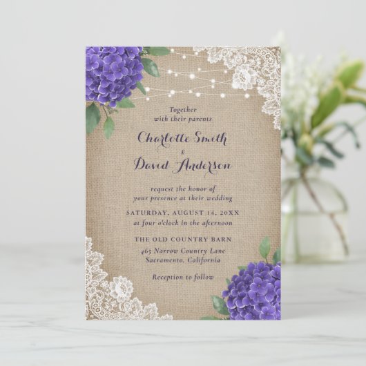 Invitation Rustique violet Hydrangea Burlap Mariage dentelle (Debout devant)