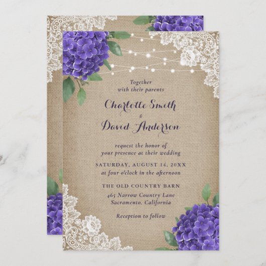 Invitation Rustique violet Hydrangea Burlap Mariage dentelle (Devant / Derrière)