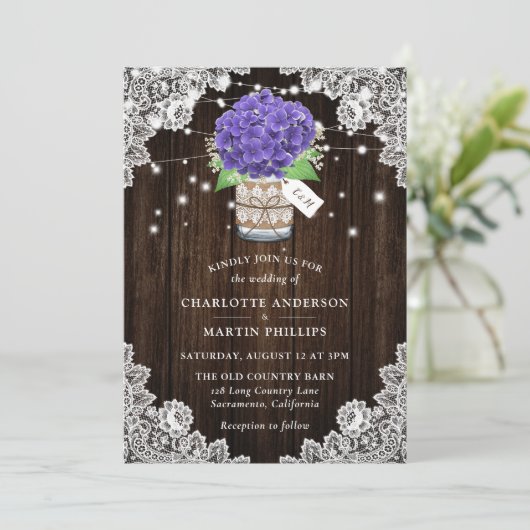 Invitation Rustique violet Hydrangea Mariage dentelle en bois (Debout devant)