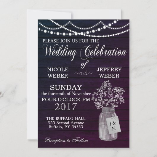 Invitation Rustique violet Mariage Bois Mason Jar Babys Respi (Devant)