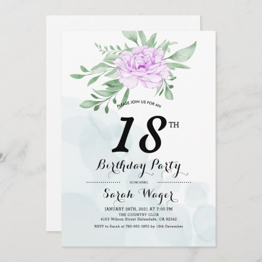 Invitation Rustique violet Rose Feuille verdure 18e anniversa (Devant / Derrière)