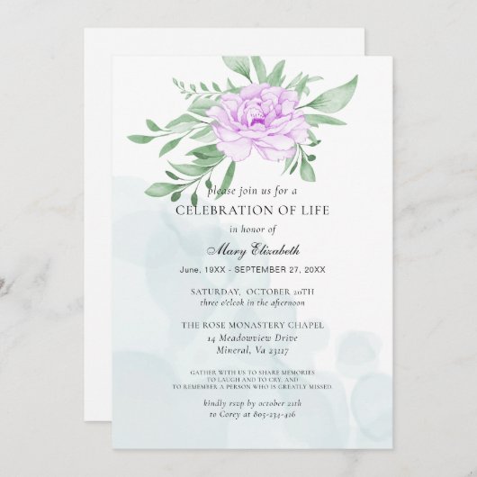 Invitation Rustique Violet Rose Feuilles Célébration De La Vi (Devant / Derrière)