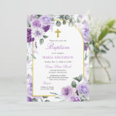 Invitation Rustique violet Rose Floral Girl Baptême (Debout devant)