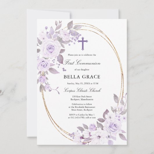 Invitation Rustique violet Rose Floral Première sainte commun (Devant)