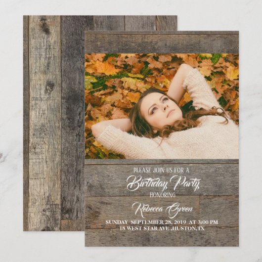 Invitation rustique western country grange bois fête d'annive (Devant / Derrière)