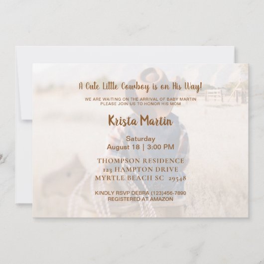 Invitation Rustique Western Cowboy Baby shower (Devant)