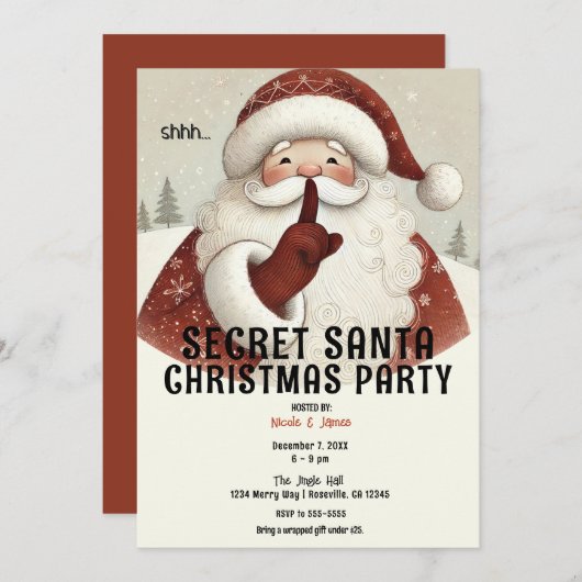 Invitation Rustique Whimsical Secret Père Noël fête de Noël (Devant / Derrière)