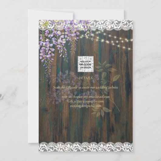 Invitation Rustique Wisteria Wood Lights Mariage Date de sauv (Dos)